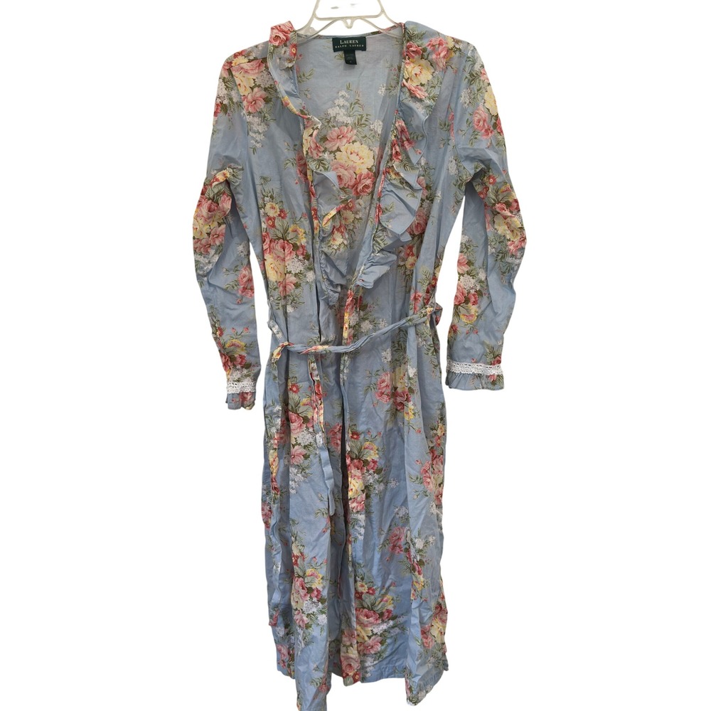Lauren Ralph Lauren Robe Nightgown Set Blue Floral Cotton Ruffle Cottagecore S
